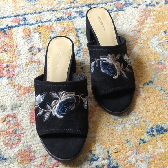 Liz Claiborne Shayla Floral Embroidered Peep Toe Slip On Block Heel Mules Black - Picture 1 of 16